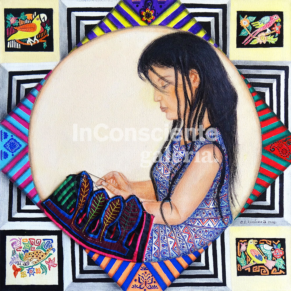 Print en lienzo sobre caballete decorativo: Mujer, Tradición, Universo, Autora: Beatriz Elena Ramírez