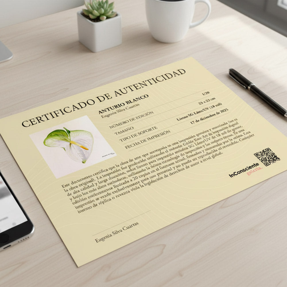 Print en lienzo con caballete decorativo: Anturio Blanco, Autora: Eugenia Silva Cuartas