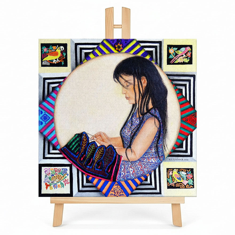 Print en lienzo sobre caballete decorativo: Mujer, Tradición, Universo, Autora: Beatriz Elena Ramírez